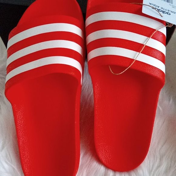 New Adidas Solar Red Adilette Aqua Slides Slip-On Sandals Women's US 10 - Picture 2 of 15